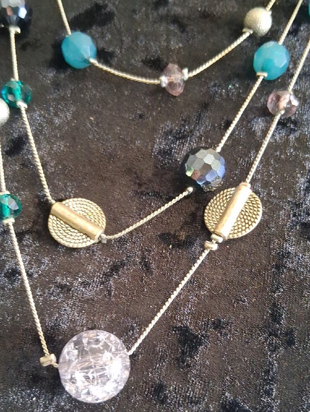 Multi-Strand Silver & Teal Beaded Necklace with Hammered Disc Earrings - Picture 2 of 7
